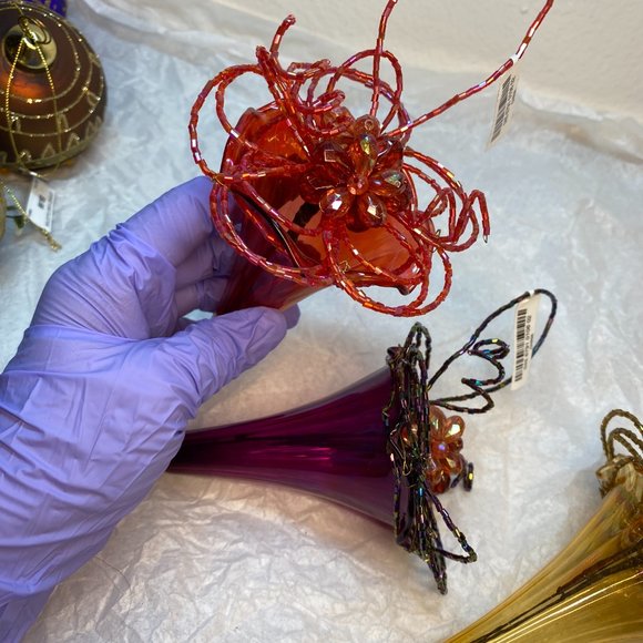 Christmas Ornaments Glass Lily W Beaded Color Purple Red Gold Set of 3 NWT - Picture 13 of 14